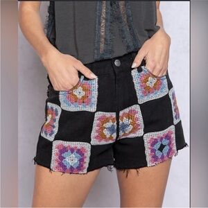 POL Black Denim Shorts with Colorful Crochet Patchwork